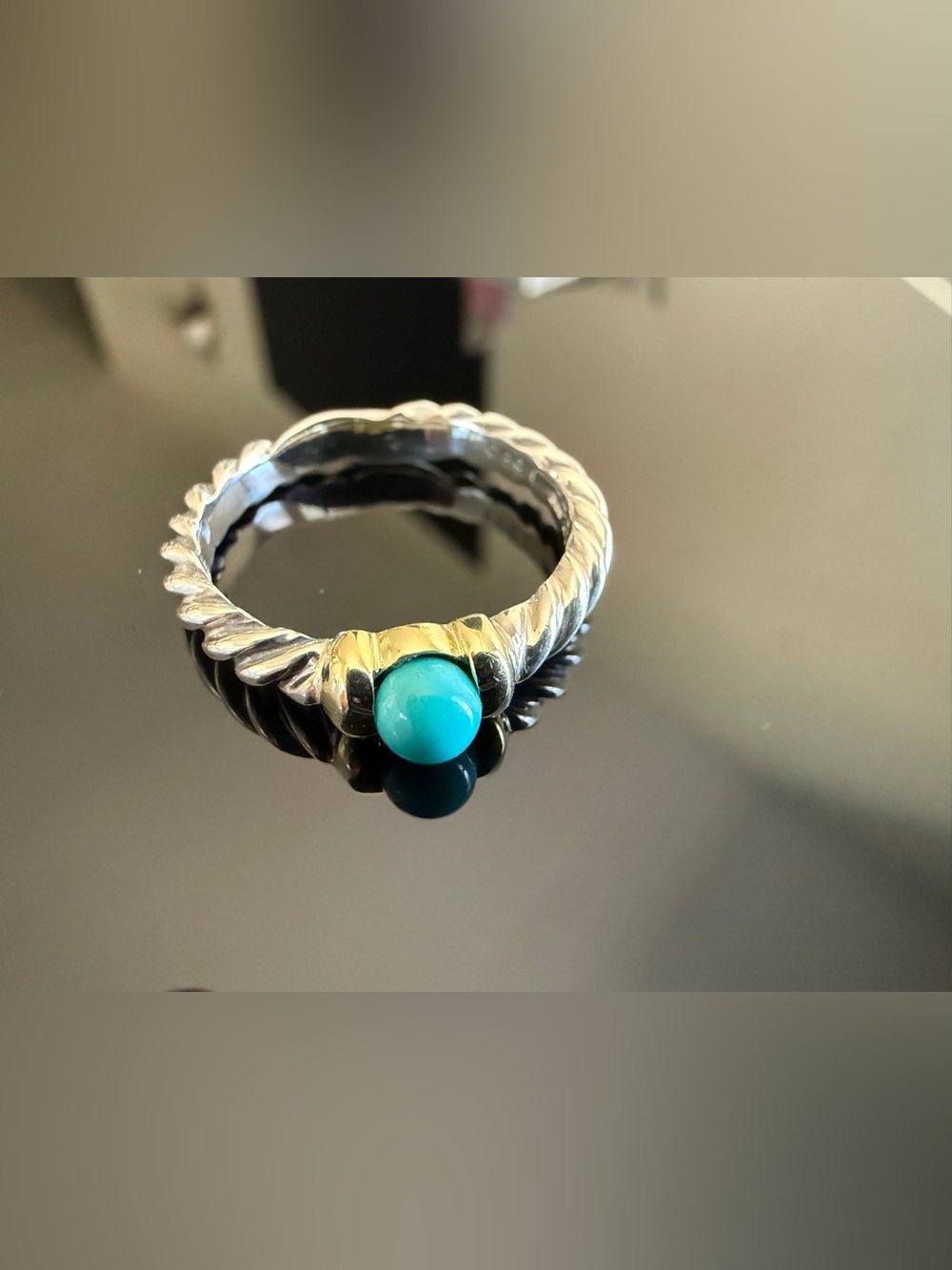 David Yurman Turquoise Sterling Silver & 14K Accent Twisted Band Ring Size 5.75